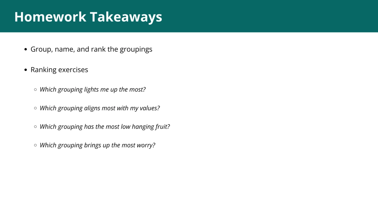 1
Homework Takeaways
Group, name, and rank the groupings
Ranking exercises
Which grouping light…