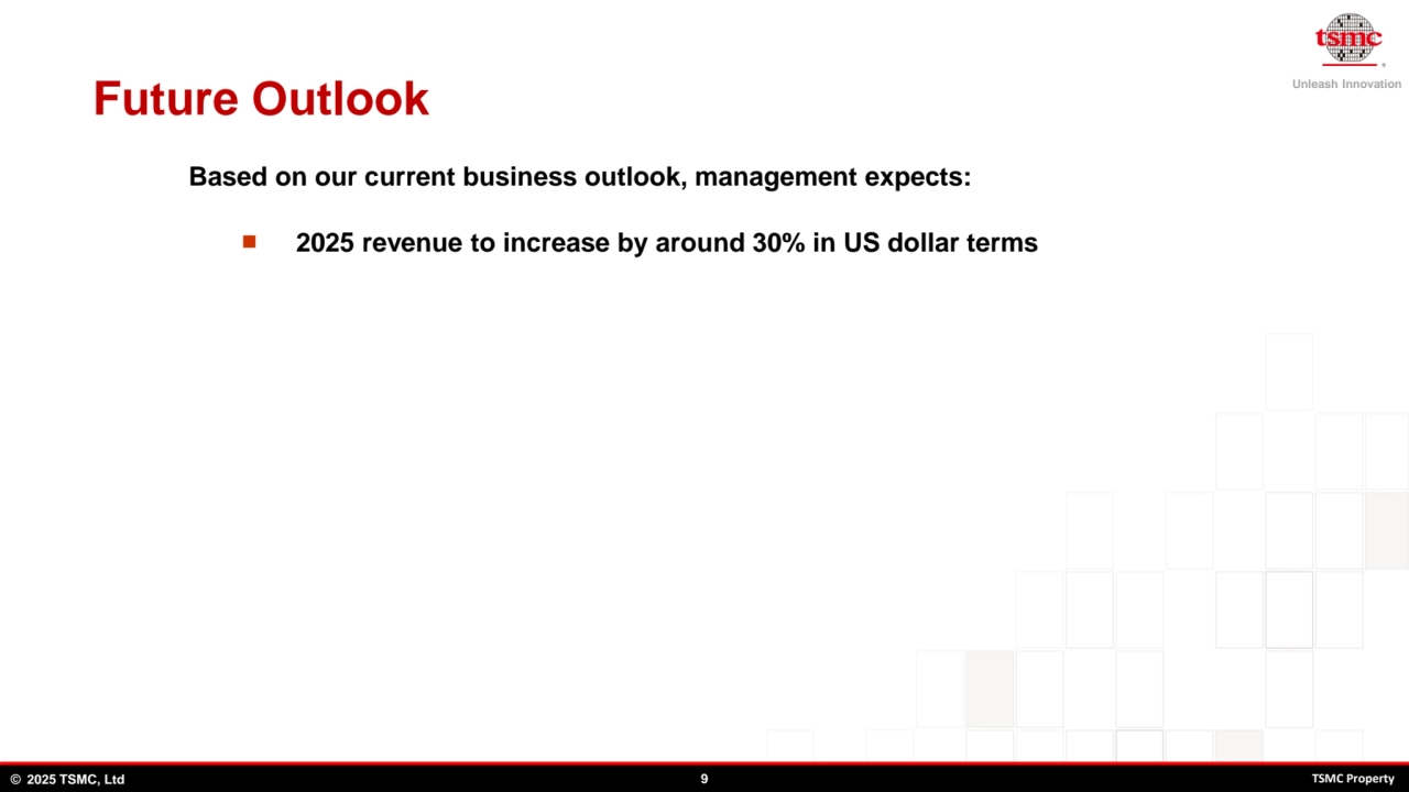 Unleash Innovation
© 2025 TSMC, Ltd 9 TSMC Property
Future Outlook
Based on our current business outlook, management expects:
◼ 2025 revenue to increase by around 30% in US dollar terms