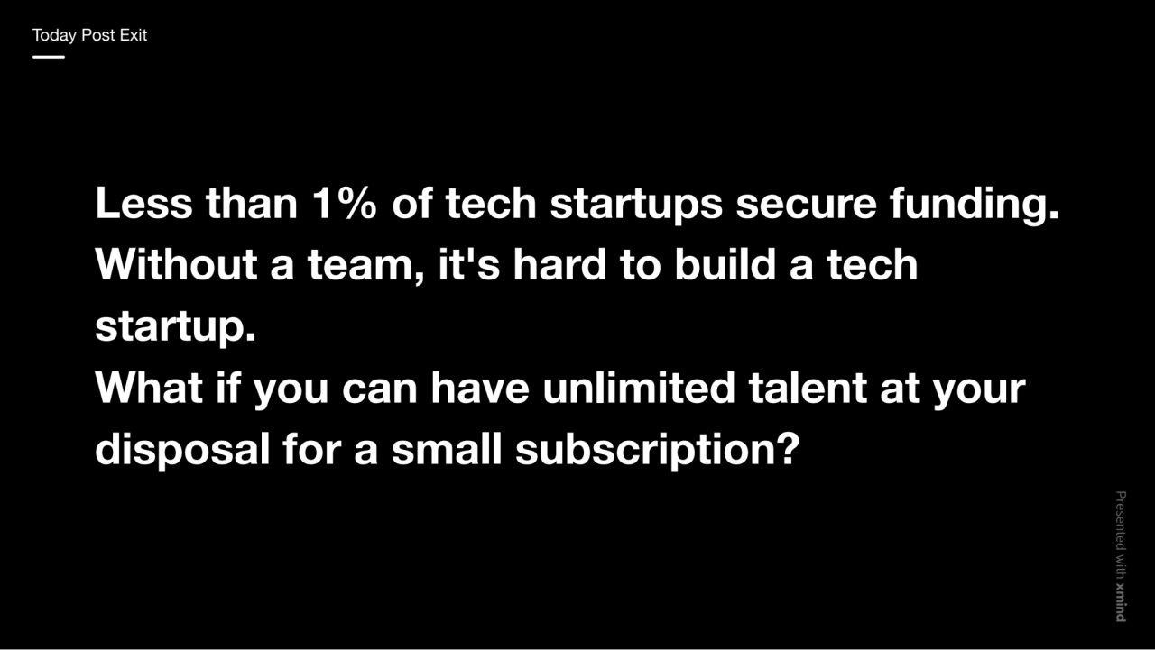 Less than 1% of tech startups secure funding.
Without a team, it's hard to build a tech
startup.
…