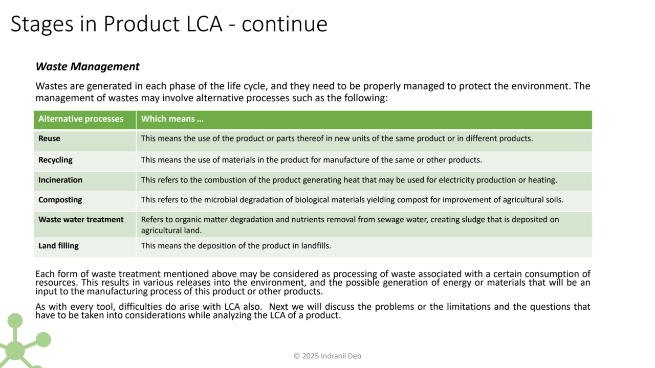 Stages in Product LCA - continue
Waste Management
Wastes are generated in each phase of the life …