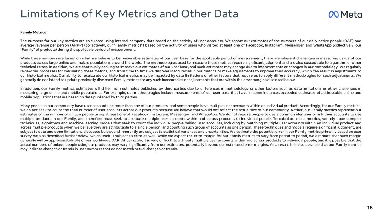 Limitations of Key Metrics and Other Data 
16
Family Metrics
The numbers for our key metrics are calculated using internal company data based on the activity of user accounts. We report our estimates of the numbers of our daily active people (DAP) and 
average revenue per person (ARPP) (collectively, our "Family metrics") based on the activity of users who visited at least one of Facebook, Instagram, Messenger, and WhatsApp (collectively, our 
"Family" of products) during the applicable period of measurement.
While these numbers are based on what we believe to be reasonable estimates of our user base for the applicable period of measurement, there are inherent challenges in measuring usage of our 
products across large online and mobile populations around the world. The methodologies used to measure these metrics require significant judgment and are also susceptible to algorithm or other 
technical errors. In addition, we are continually seeking to improve our estimates of our user base, and such estimates may change due to improvements or changes in our methodology. We regularly 
review our processes for calculating these metrics, and from time to time we discover inaccuracies in our metrics or make adjustments to improve their accuracy, which can result in adjustments to 
our historical metrics. Our ability to recalculate our historical metrics may be impacted by data limitations or other factors that require us to apply different methodologies for such adjustments. We 
generally do not intend to update previously disclosed Family metrics for any such inaccuracies or adjustments that are within the error margins disclosed below.
In addition, our Family metrics estimates will differ from estimates published by third parties due to differences in methodology or other factors such as data limitations or other challenges in 
measuring large online and mobile populations. For example, our methodologies include measurements of our user base that have in some instances exceeded estimates of addressable online and 
mobile populations that are based on data published by third parties.
Many people in our community have user accounts on more than one of our products, and some people have multiple user accounts within an individual product. Accordingly, for our Family metrics, 
we do not seek to count the total number of user accounts across our products because we believe that would not reflect the actual size of our community. Rather, our Family metrics represent our 
estimates of the number of unique people using at least one of Facebook, Instagram, Messenger, and WhatsApp. We do not require people to use a common identifier or link their accounts to use 
multiple products in our Family, and therefore must seek to attribute multiple user accounts within and across products to individual people. To calculate these metrics, we rely upon complex 
techniques, algorithms and machine learning models that seek to count the individual people behind user accounts, including by matching multiple user accounts within an individual product and 
across multiple products when we believe they are attributable to a single person, and counting such group of accounts as one person. These techniques and models require significant judgment, are 
subject to data and other limitations discussed below, and inherently are subject to statistical variances and uncertainties. We estimate the potential error in our Family metrics primarily based on user 
survey data as described further below, which itself is subject to error as well. While we expect the error margin for our Family metrics to vary from period to period, we estimate that such margin 
generally will be approximately 3% of our worldwide DAP. At our scale, it is very difficult to attribute multiple user accounts within and across products to individual people, and it is possible that the 
actual numbers of unique people using our products may vary significantly from our estimates, potentially beyond our estimated error margins. As a result, it is also possible that our Family metrics 
may indicate changes or trends in user numbers that do not match actual changes or trends.
