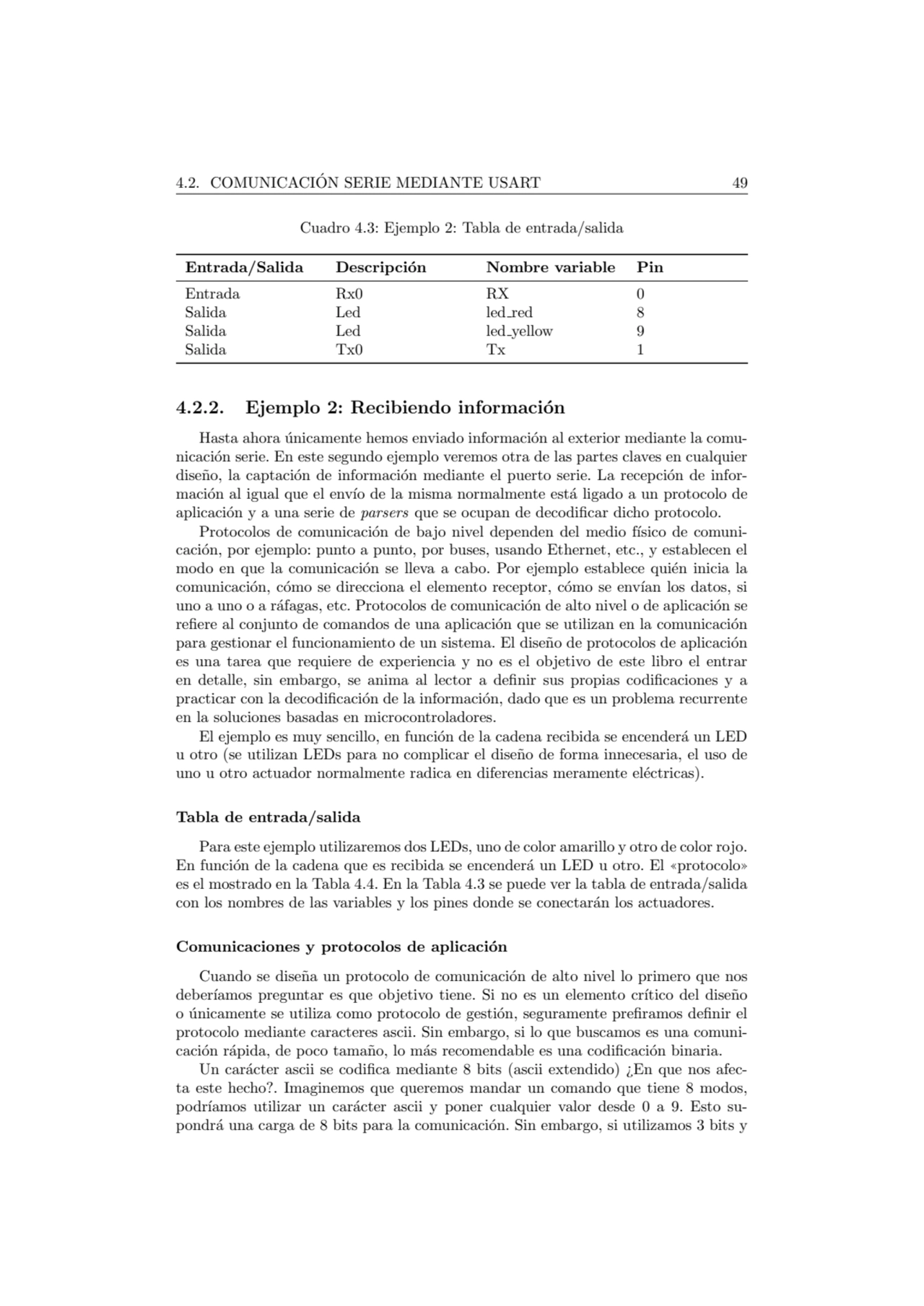 4.2. COMUNICACION SERIE MEDIANTE USART 49 ´
Cuadro 4.3: Ejemplo 2: Tabla de entrada/salida
Entrad…