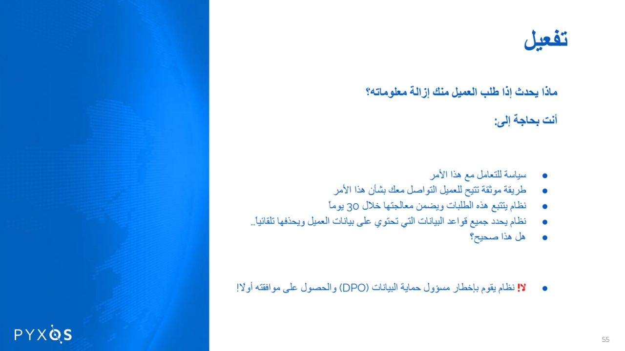 تفعیل
ماذا یحدث إذا طلب العمیل منك إزالة معلوماتھ؟
أنت بحاجة إلى:
● سیاسة للتعامل مع ھذا الأمر
…