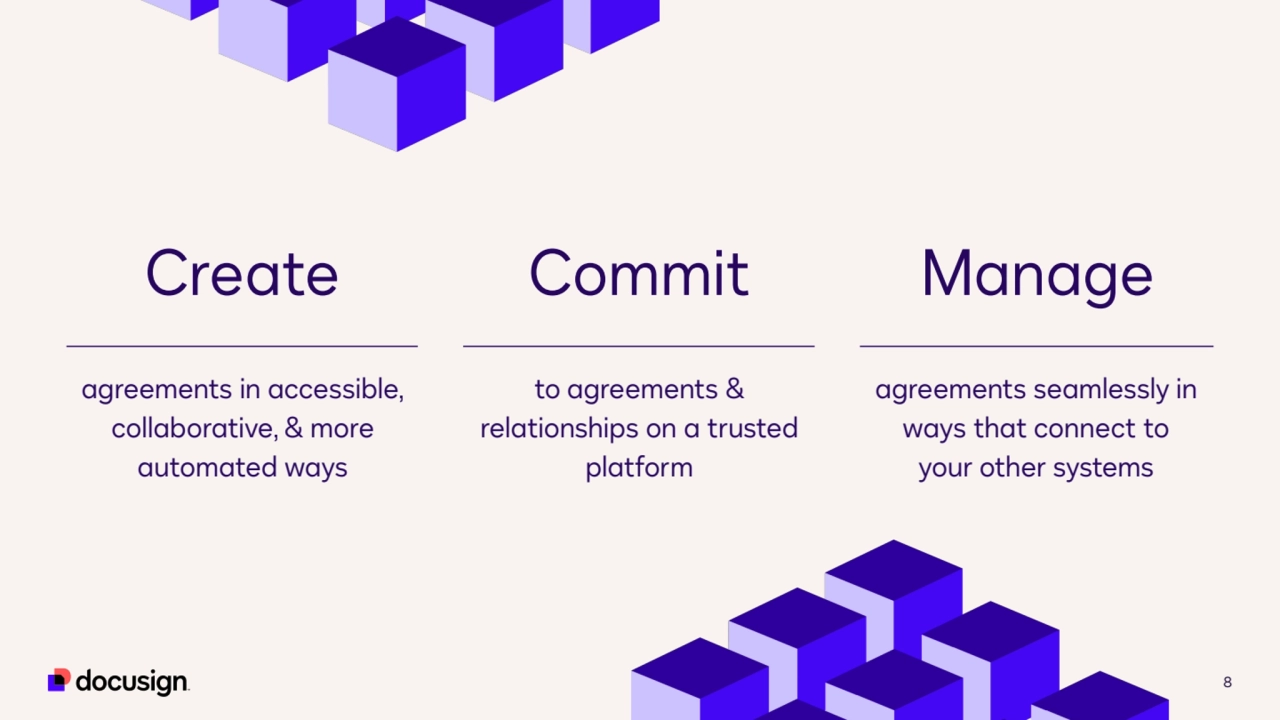Create
agreements in accessible, 
collaborative, & more 
automated ways
to agreements & 
relationships on a trusted 
platform 
agreements seamlessly in 
ways that connect to 
your other systems
Commit Manage
8