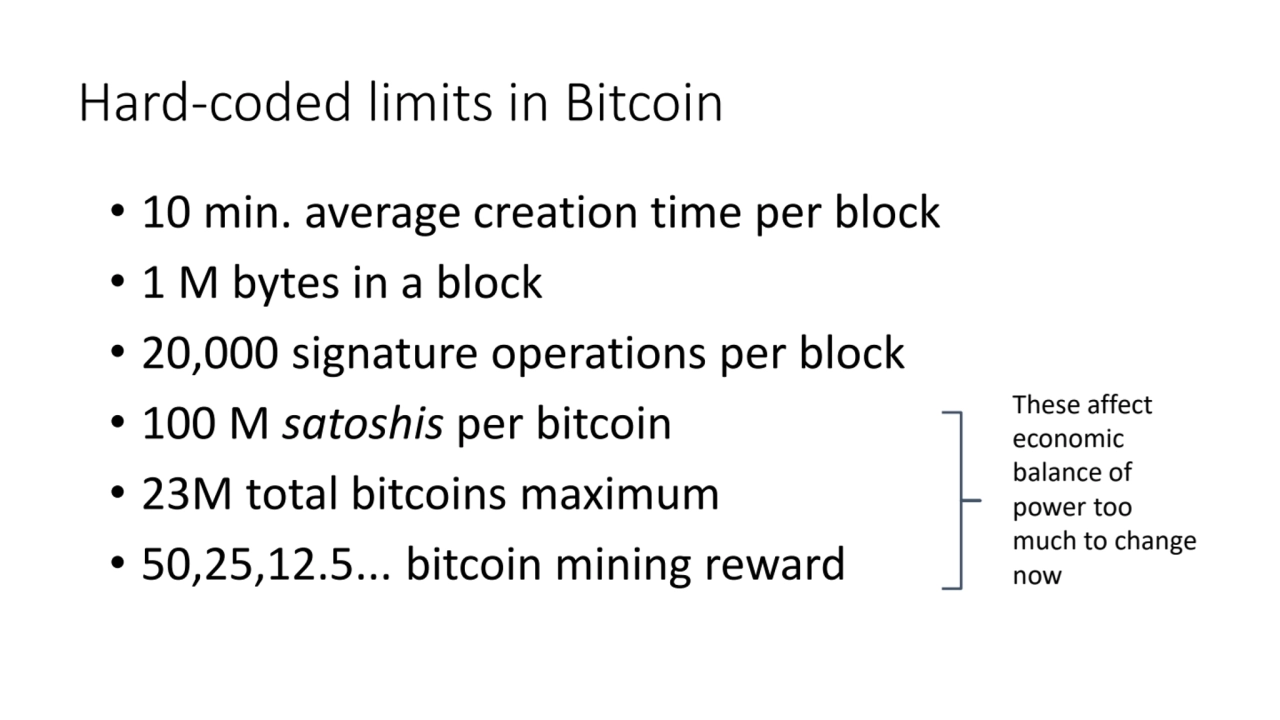 Hard-coded limits in Bitcoin
• 10 min. average creation time per block
• 1 M bytes in a block
• …