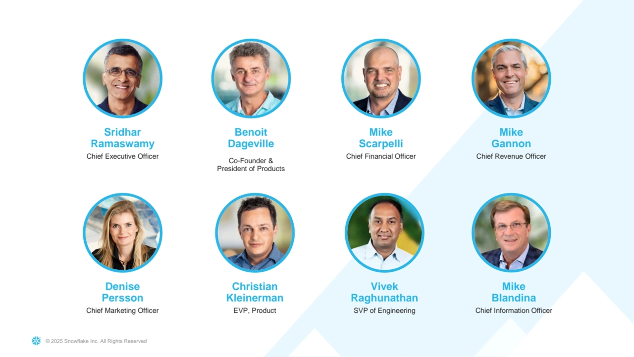 © 2025 Snowflake Inc. All Rights Reserved
Sridhar 
Ramaswamy
Chief Executive Officer
Benoit
Dageville 
Co-Founder & 
President of Products
Mike 
Scarpelli
Chief Financial Officer
Mike 
Gannon
Chief Revenue Officer
Denise
Persson
Chief Marketing Officer
Christian 
Kleinerman
EVP, Product
Vivek 
Raghunathan
SVP of Engineering 
Mike 
Blandina
Chief Information Officer 