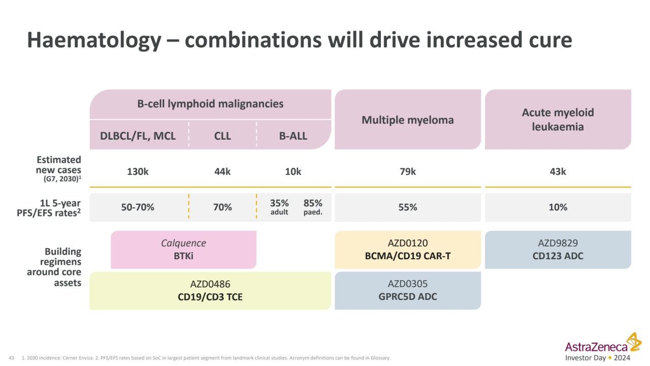 Investor Day • 2024
Haematology – combinations will drive increased cure
43 1. 2030 incidence: Ce…