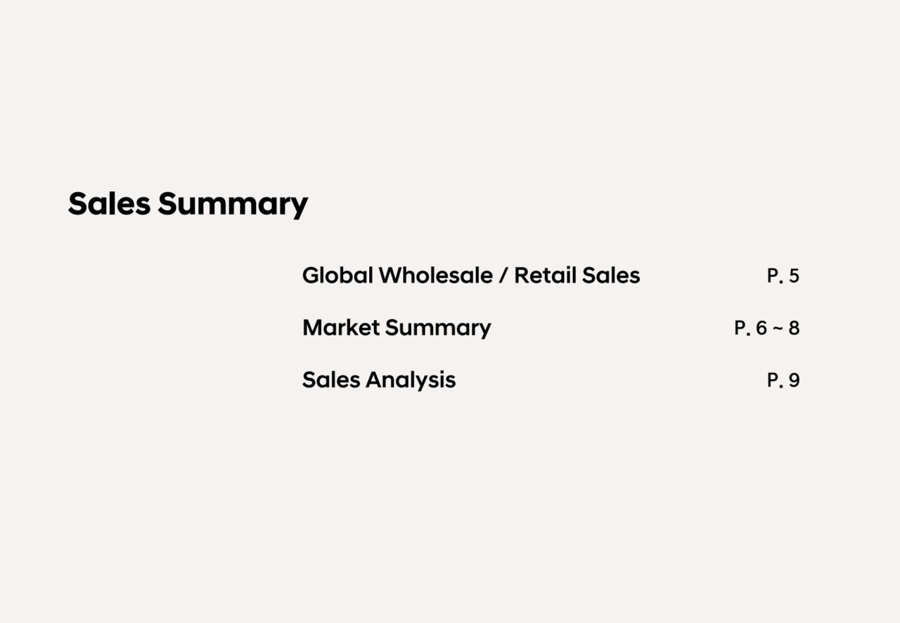 Sales Summary
Global Wholesale / Retail Sales P. 5
Market Summary P. 6 ~ 8
Sales Analysis P. 9