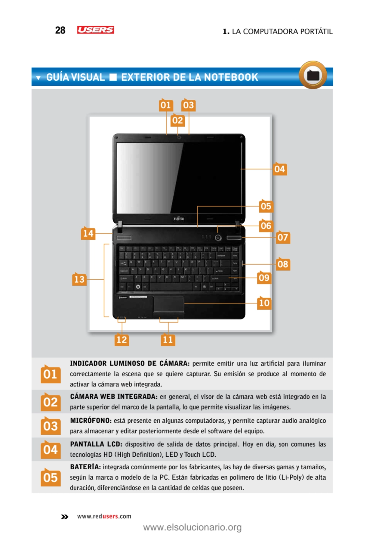 28 1. La computadora portátil
www.redusers.com
01
Indicador luminoso de cámara: permite emitir u…