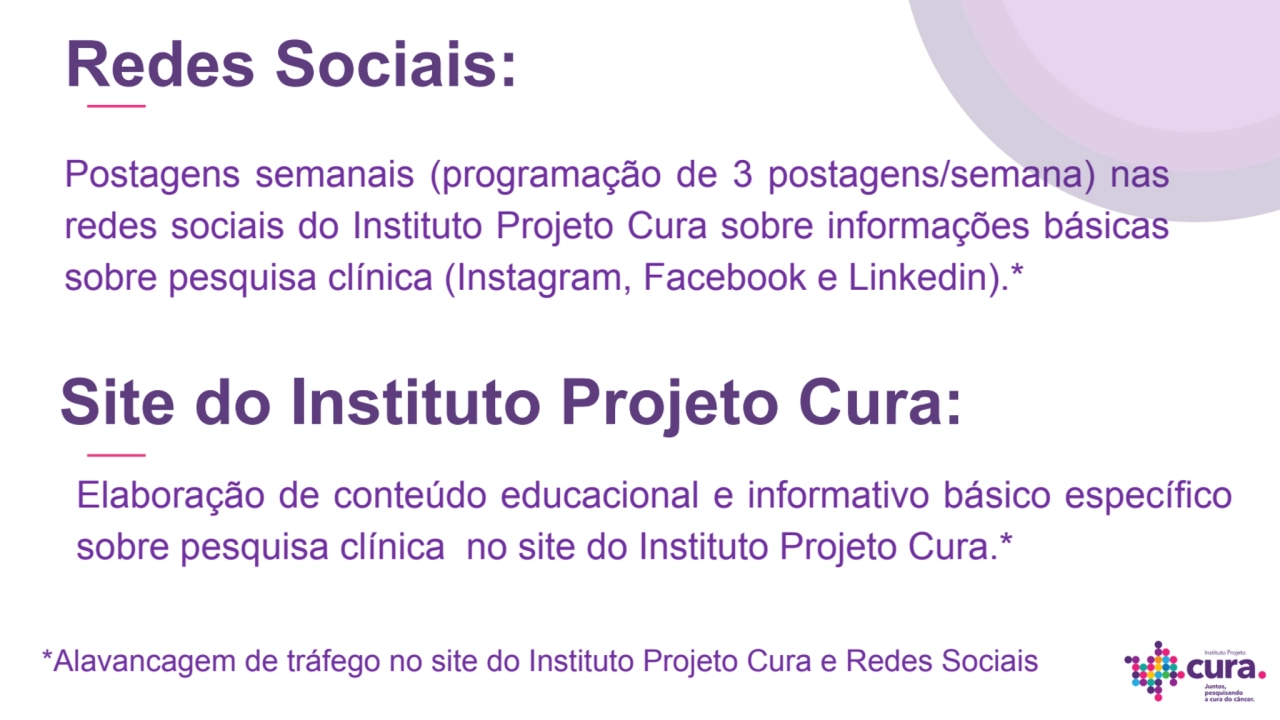 Postagens semanais (programação de 3 postagens/semana) nas 
redes sociais do Instituto Projeto Cur…