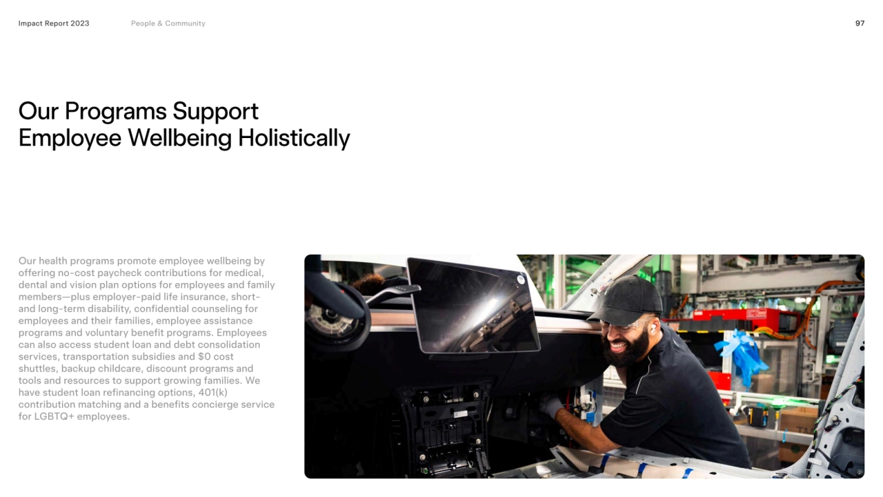 Impact Report 2023 97
Our programs support 
employee wellbeing holistically
Impact Report 2023 P…