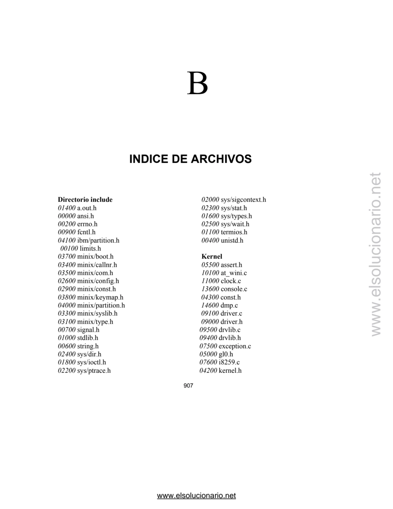 B 
 
INDICE DE ARCHIVOS 
Directorio include 02000 sys/sigcontext.h 
01400 a.out.h 02300 sys/sta…