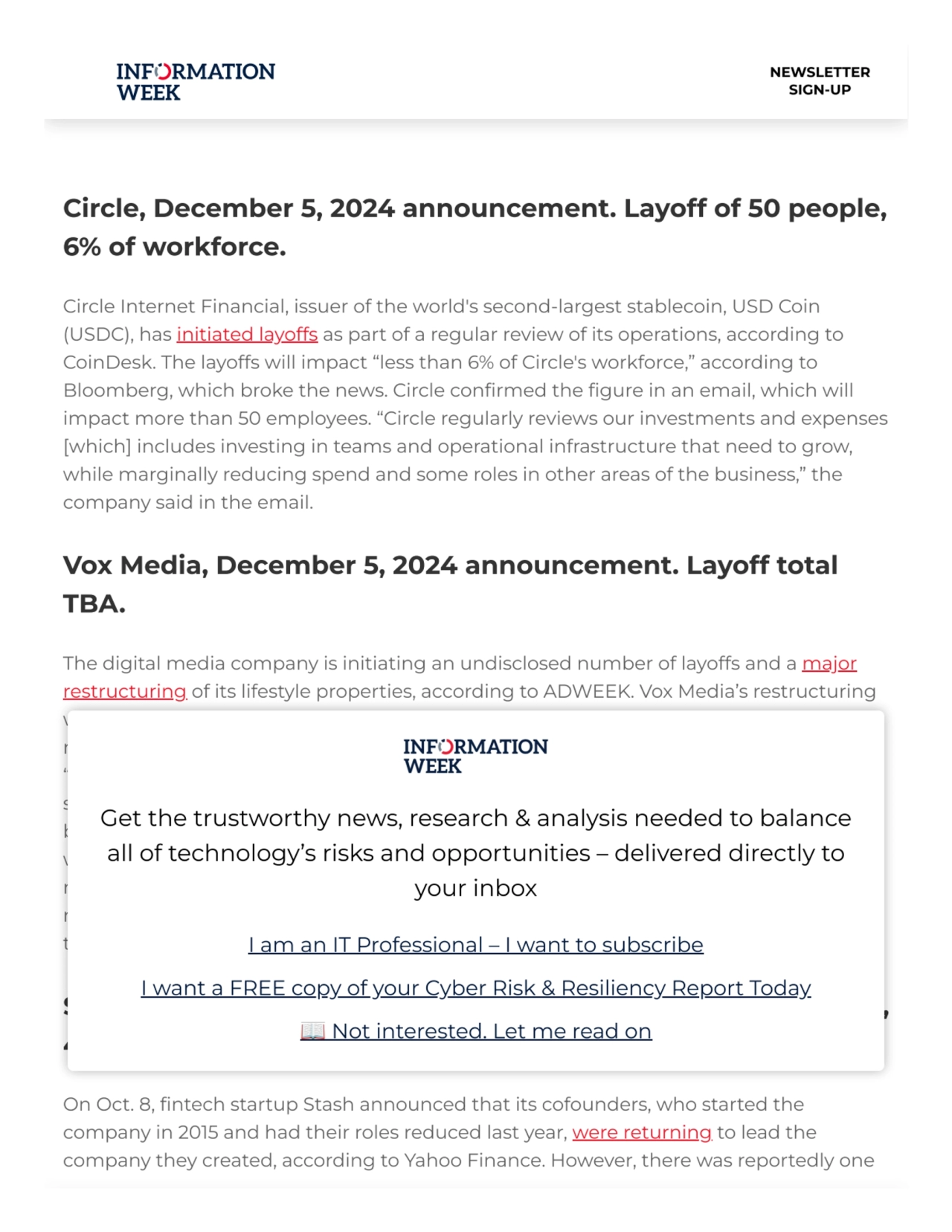 Circle, December 5, 2024 announcement. Layoff of 50 people,
6% of workforce.
Circle Internet Fina…