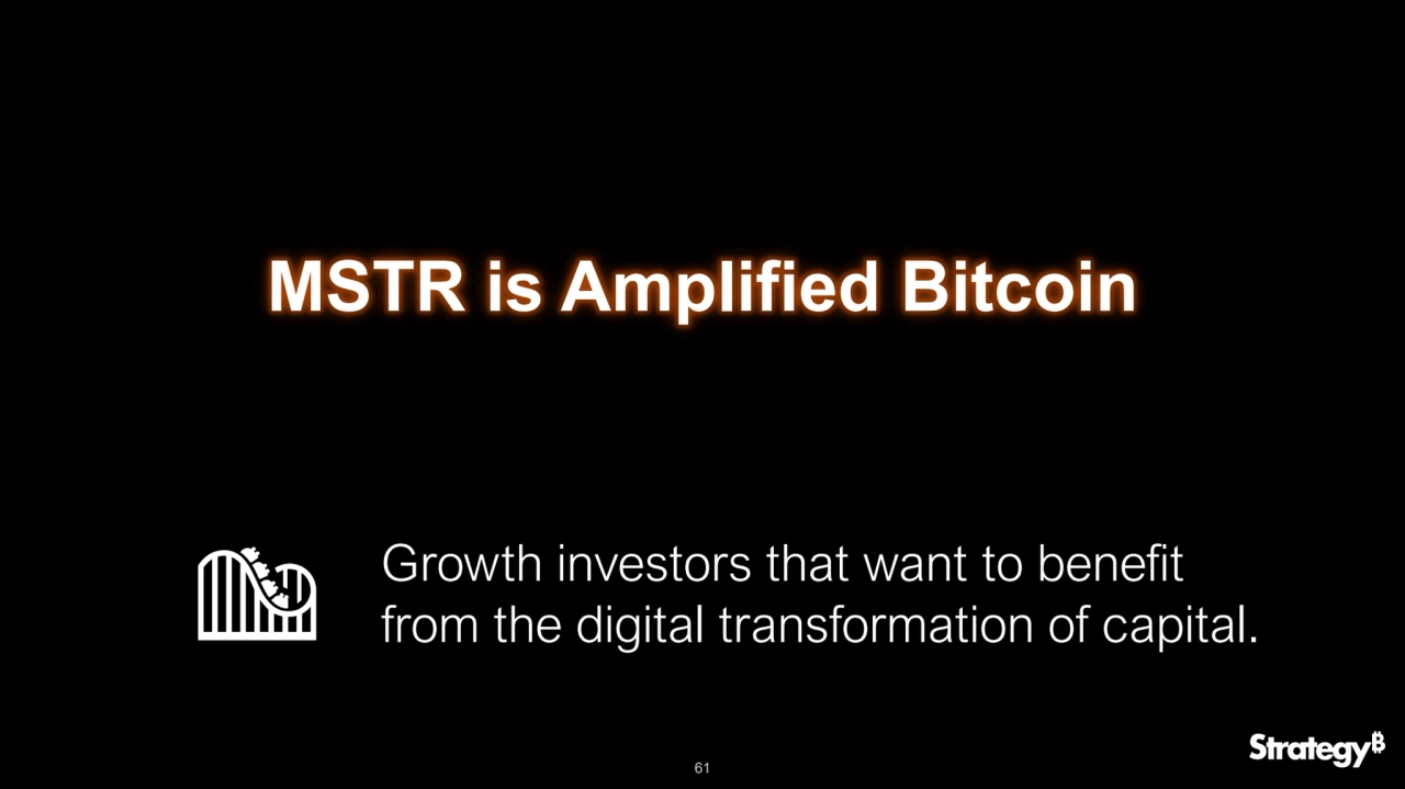 61
MSTR is Amplified Bitcoin
Growth investors that want to benefit 
from the digital transformation of capital.