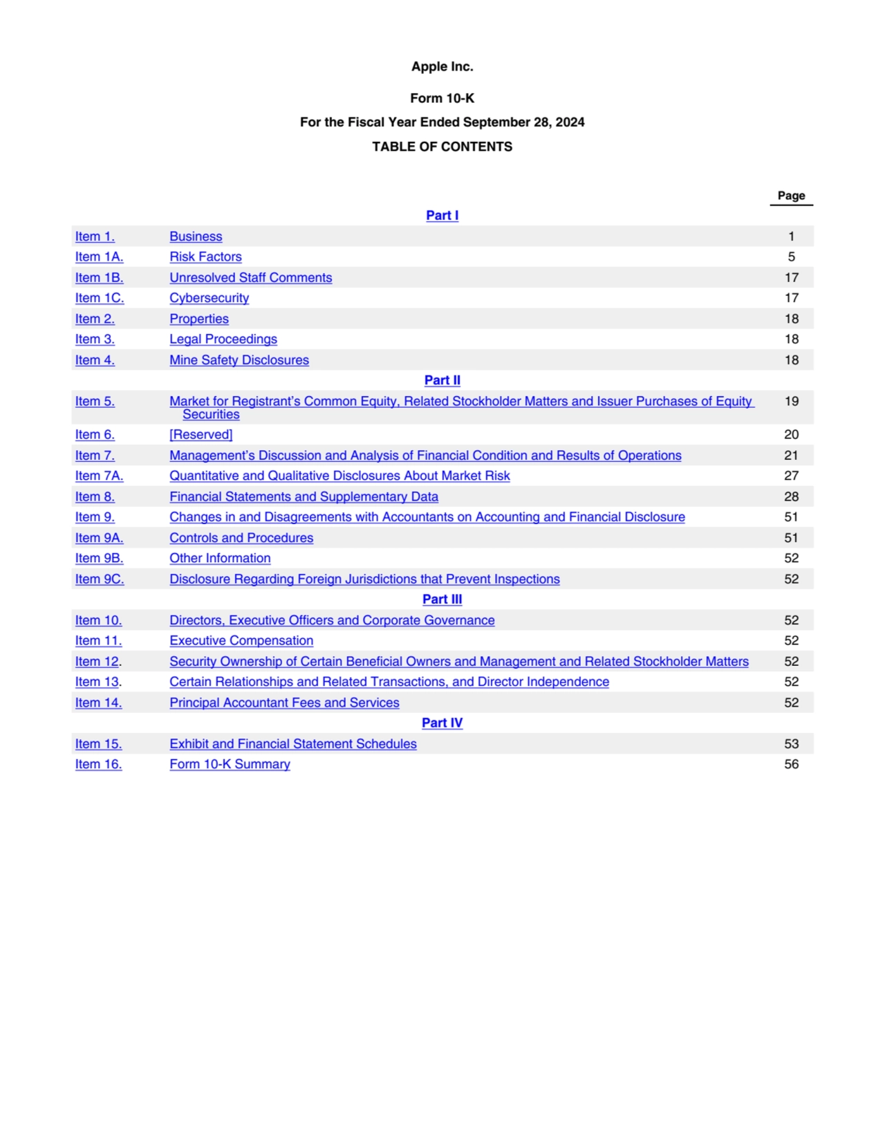 Apple Inc.
Form 10-K
For the Fiscal Year Ended September 28, 2024
TABLE OF CONTENTS
Page
Part …