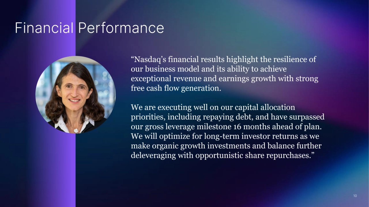 “Nasdaq’s financial results highlight the resilience of 
our business model and its ability to achieve 
exceptional revenue and earnings growth with strong 
free cash flow generation. 
We are executing well on our capital allocation 
priorities, including repaying debt, and have surpassed 
our gross leverage milestone 16 months ahead of plan. 
We will optimize for long-term investor returns as we 
make organic growth investments and balance further 
deleveraging with opportunistic share repurchases.”