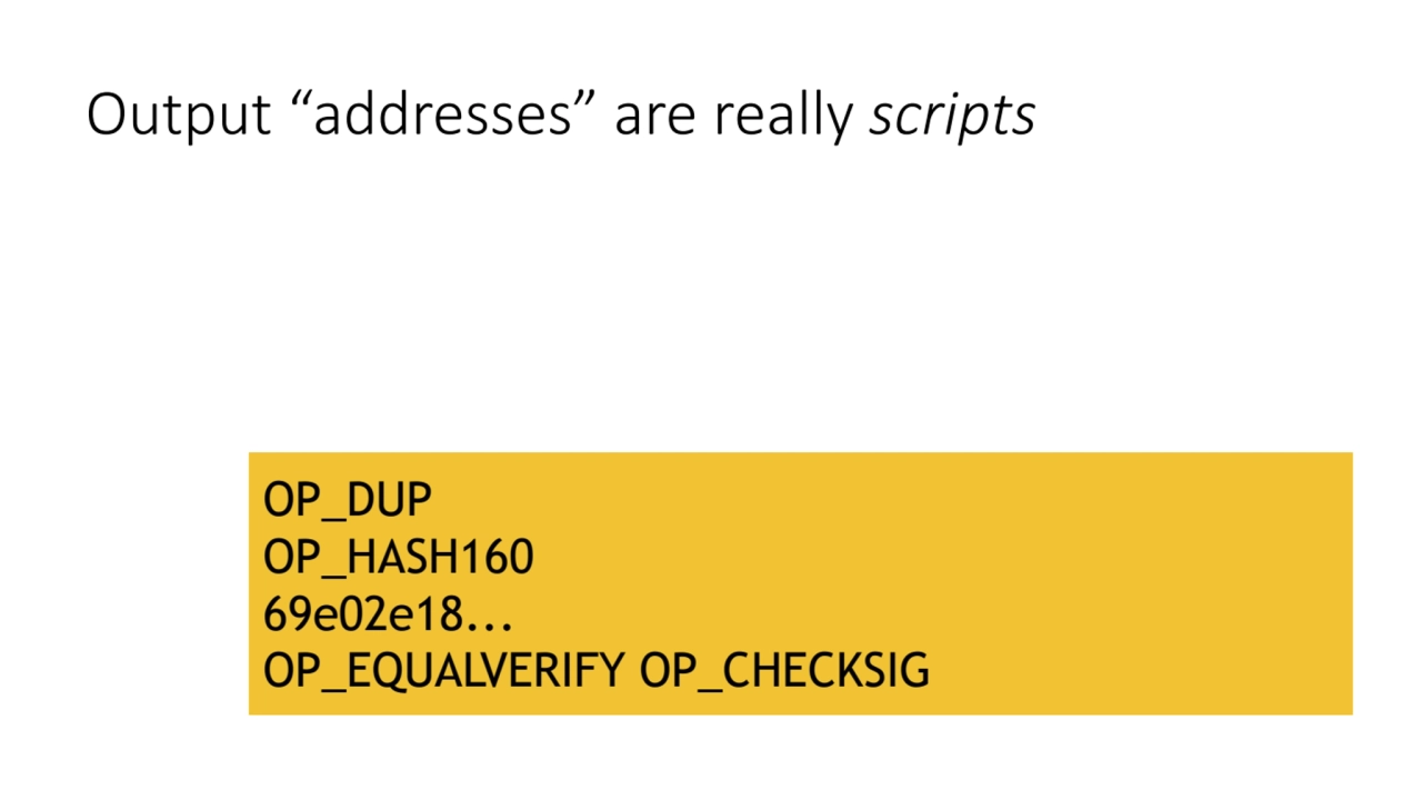 Output “addresses” are really scripts
OP_DUP
OP_HASH160
69e02e18...
OP_EQUALVERIFY OP_CHECKSIG