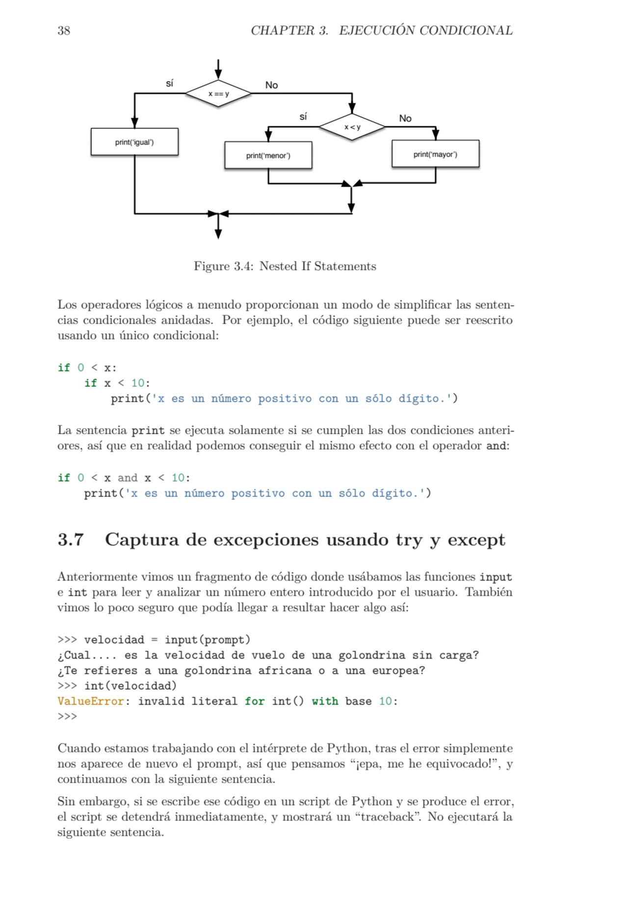 38 CHAPTER 3. EJECUCIÓN CONDICIONAL
x == y
No
print(‘igual’)
sí
x < y
print(‘mayor’)
No
pri…