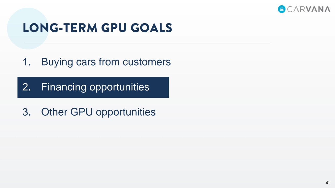 1. Buying cars from customers
2. Financing opportunities
3. Other GPU opportunities