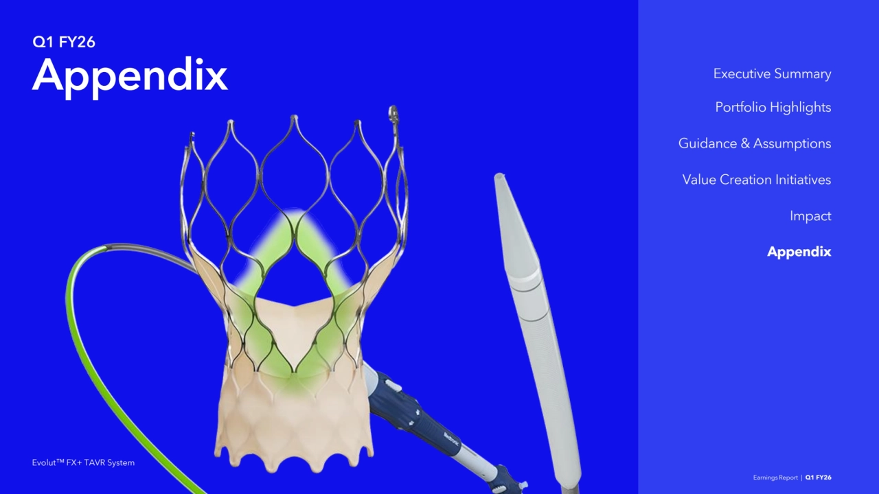 Evolut FX+ TAVR System
Q1 FY26
Appendix
Earnings Report | Q1 FY26
Portfolio Highlights
Guidance & Assumptions
Value Creation Initiatives
Impact
Executive Summary
Appendix