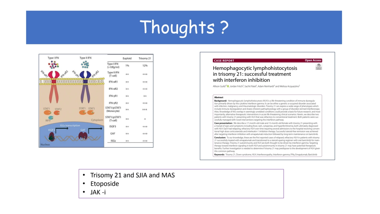 Thoughts ? 
• Trisomy 21 and SJIA and MAS 
• Etoposide 
• JAK -i