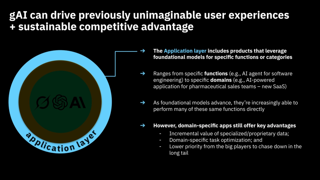 t
➔ The Application layer includes products that leverage 
foundational models for specific functions or categories
➔ Ranges from specific functions (e.g., AI agent for software 
engineering) to specific domains (e.g., AI-powered 
application for pharmaceutical sales teams – new SaaS) 
➔ As foundational models advance, they’re increasingly able to 
perform many of these same functions directly
➔ However, domain-specific apps still offer key advantages
- Incremental value of specialized/proprietary data; 
- Domain-specific task optimization; and 
- Lower priority from the big players to chase down in the 
long tail
gAI can drive previously unimaginable user experiences 
+ sustainable competitive advantage