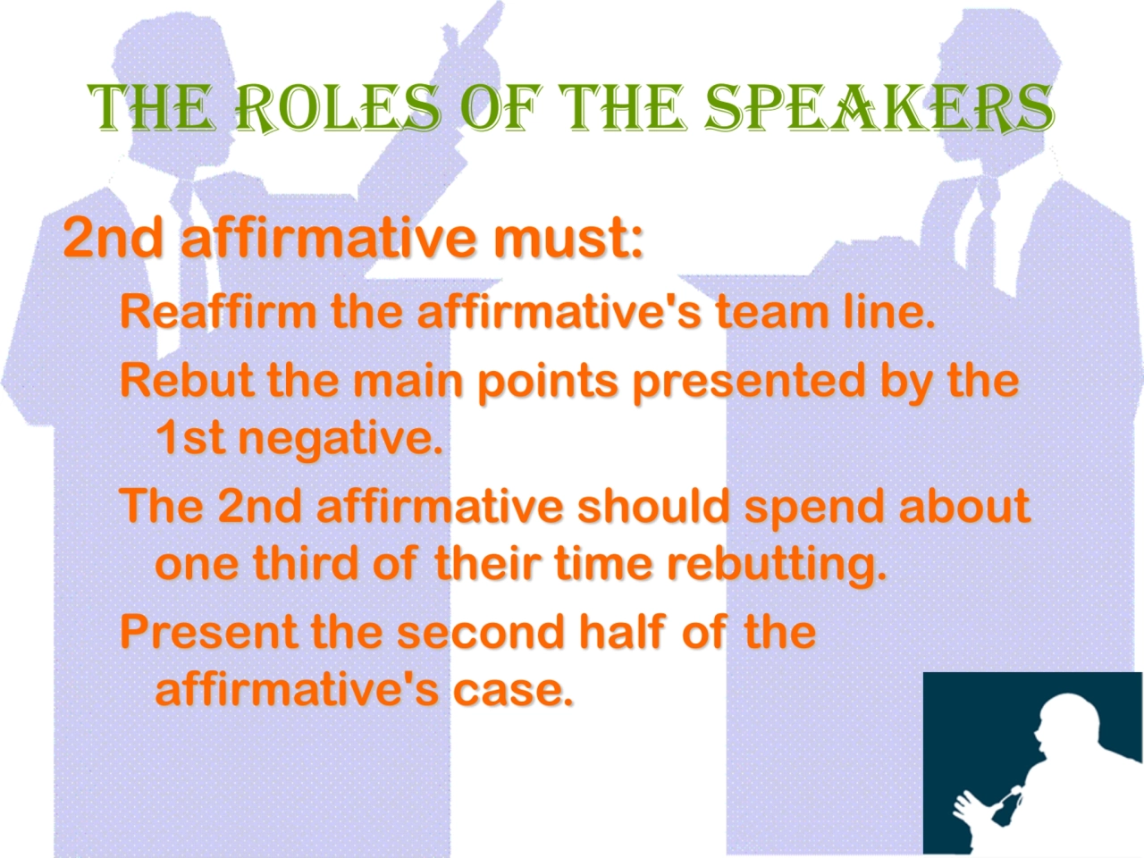 The Roles of The Speakers
2nd affirmative must:
Reaffirm the affirmative's team line. 
Rebut the…