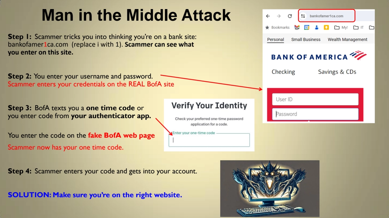 Man in the Middle Attack
Step 1: Scammer tricks you into thinking you’re on a bank site:
bankofam…