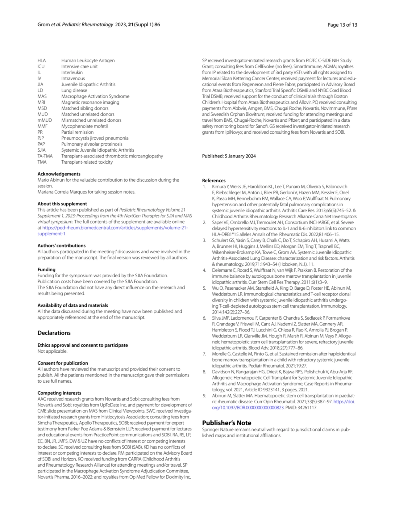 Grom et al. Pediatric Rheumatology 2023, 21(Suppl 1):86 Page 13 of 13
HLA Human Leukocyte Antigen
…