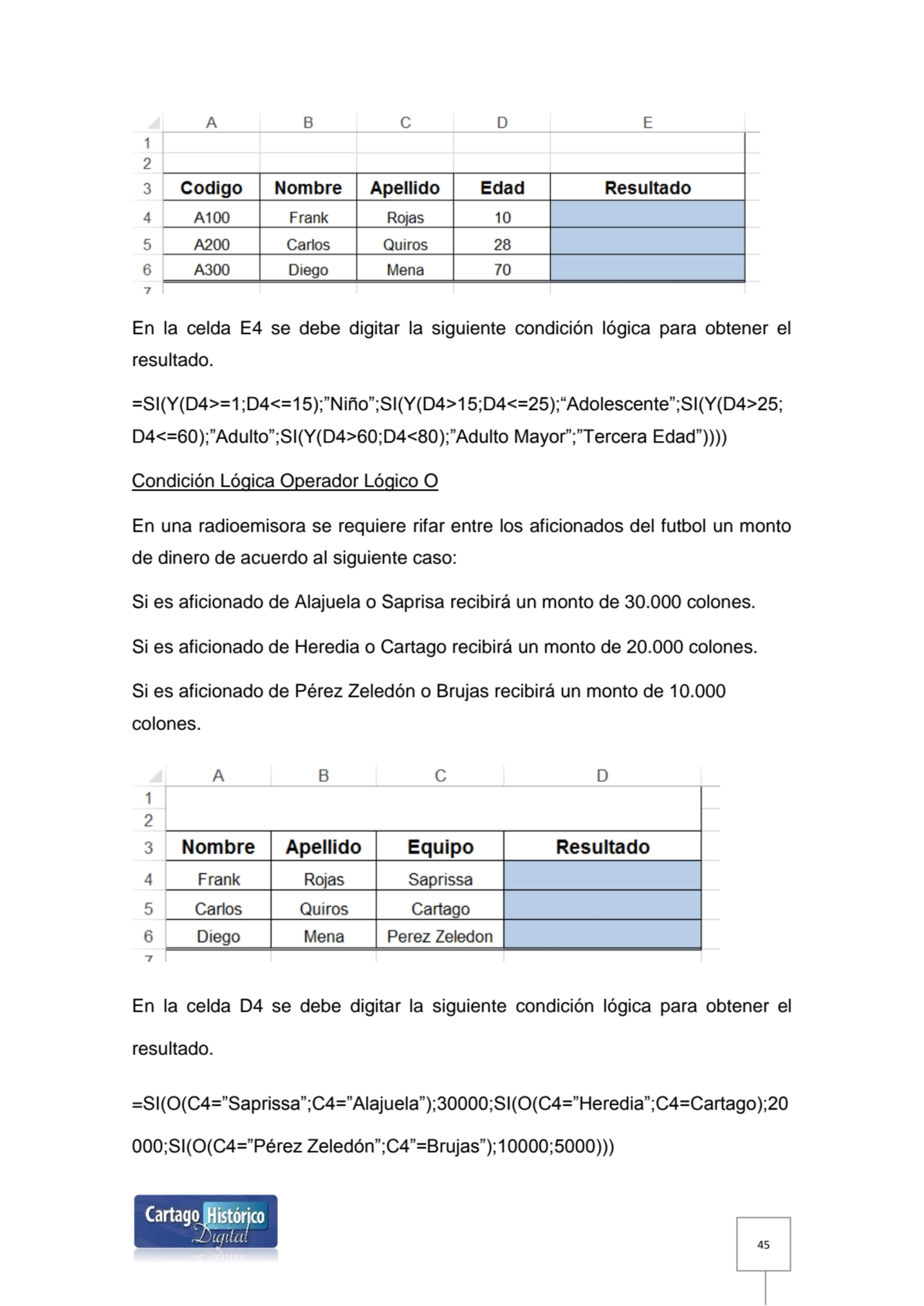 45
En la celda E4 se debe digitar la siguiente condición lógica para obtener el 
resultado.
=SI(…