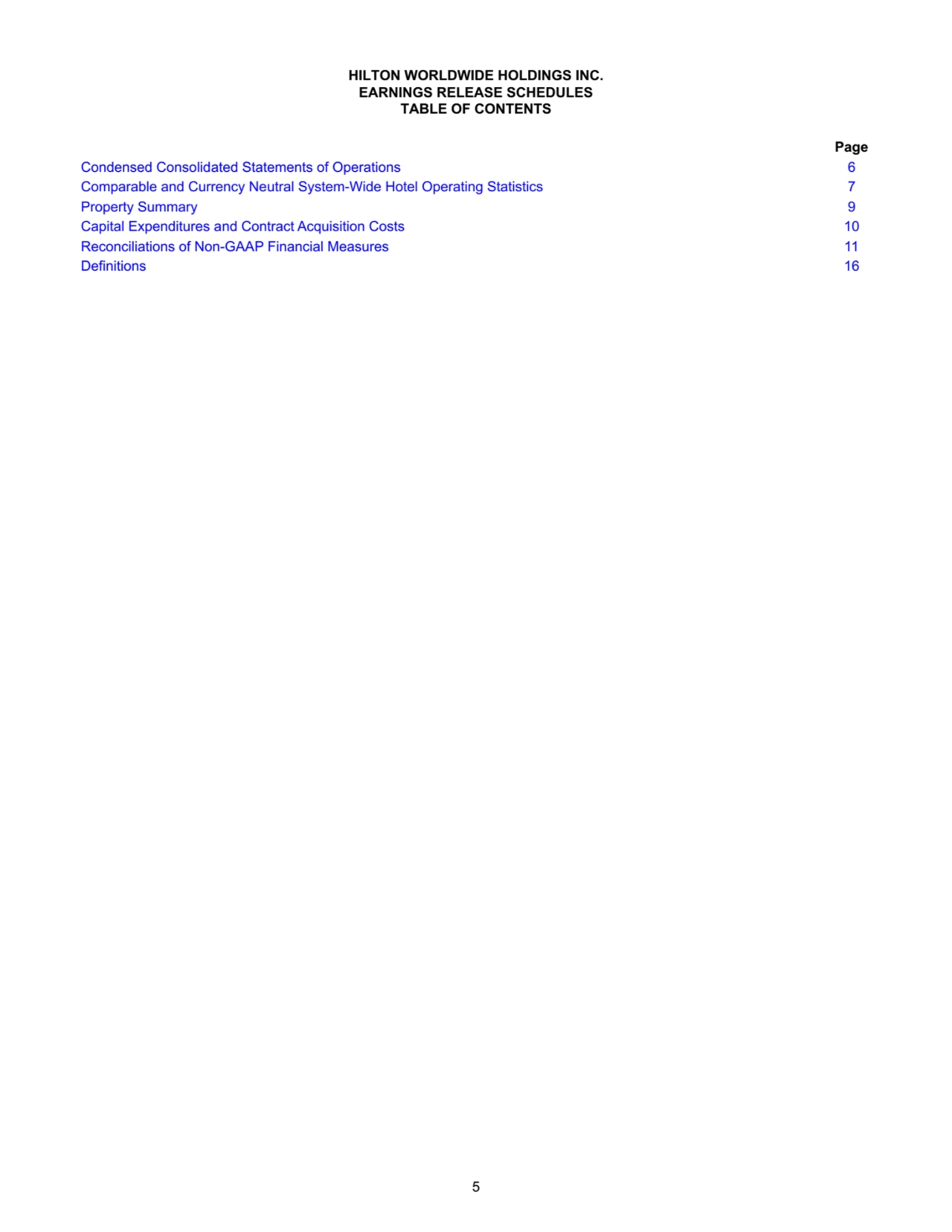 HILTON WORLDWIDE HOLDINGS INC.
EARNINGS RELEASE SCHEDULES
TABLE OF CONTENTS
Page
Condensed Consolidated Statements of Operations 6
Comparable and Currency Neutral System-Wide Hotel Operating Statistics 7
Property Summary 9
Capital Expenditures and Contract Acquisition Costs 10
Reconciliations of Non-GAAP Financial Measures 11
Definitions 16
5
