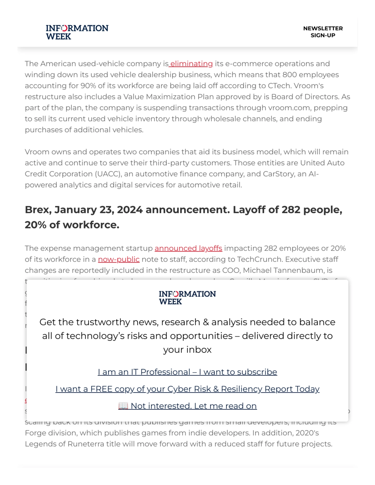 Vroom, January 23, 2024 announcement. Layoff of 800
people, 90% of workforce.
The American used-v…