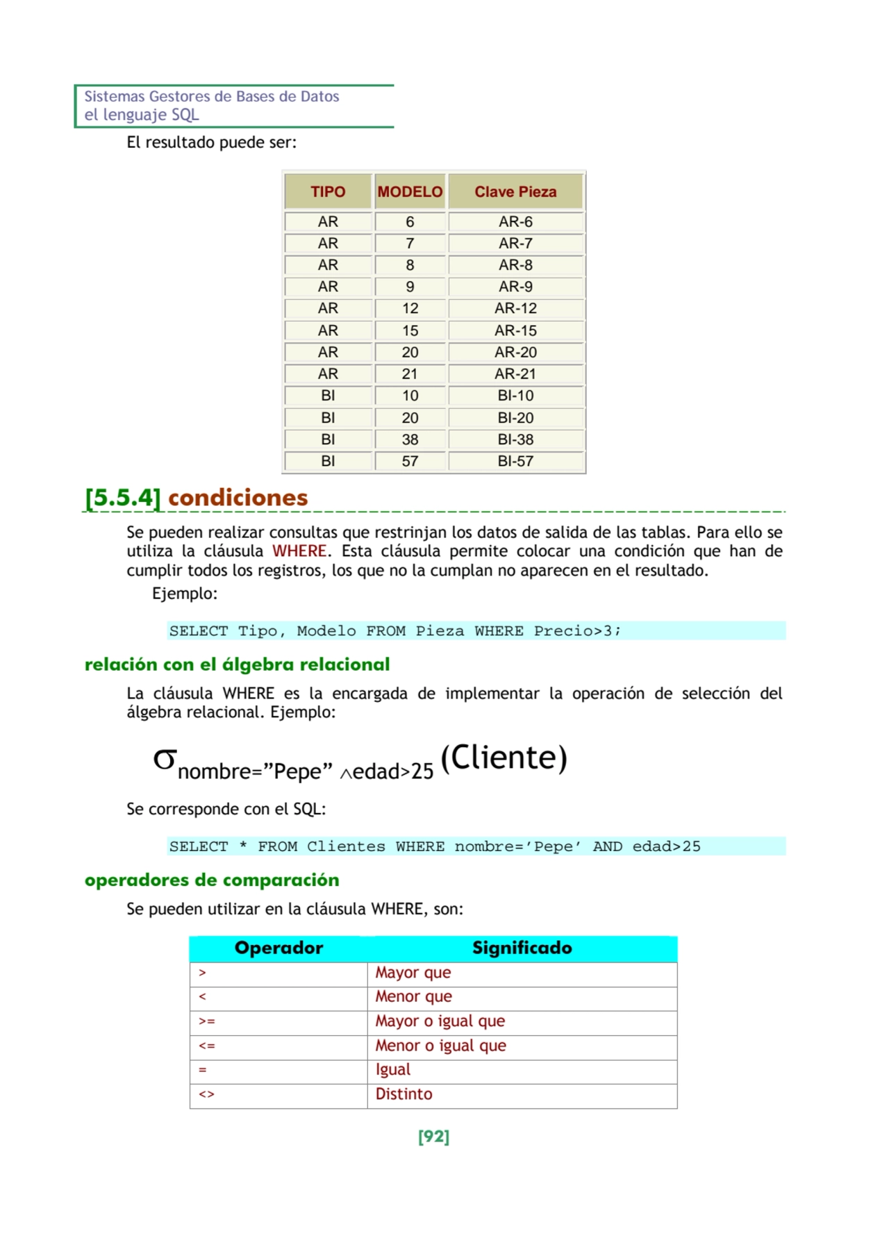 Sistemas Gestores de Bases de Datos 
el lenguaje SQL 
[92] 
El resultado puede ser: 
TIPO MODEL…