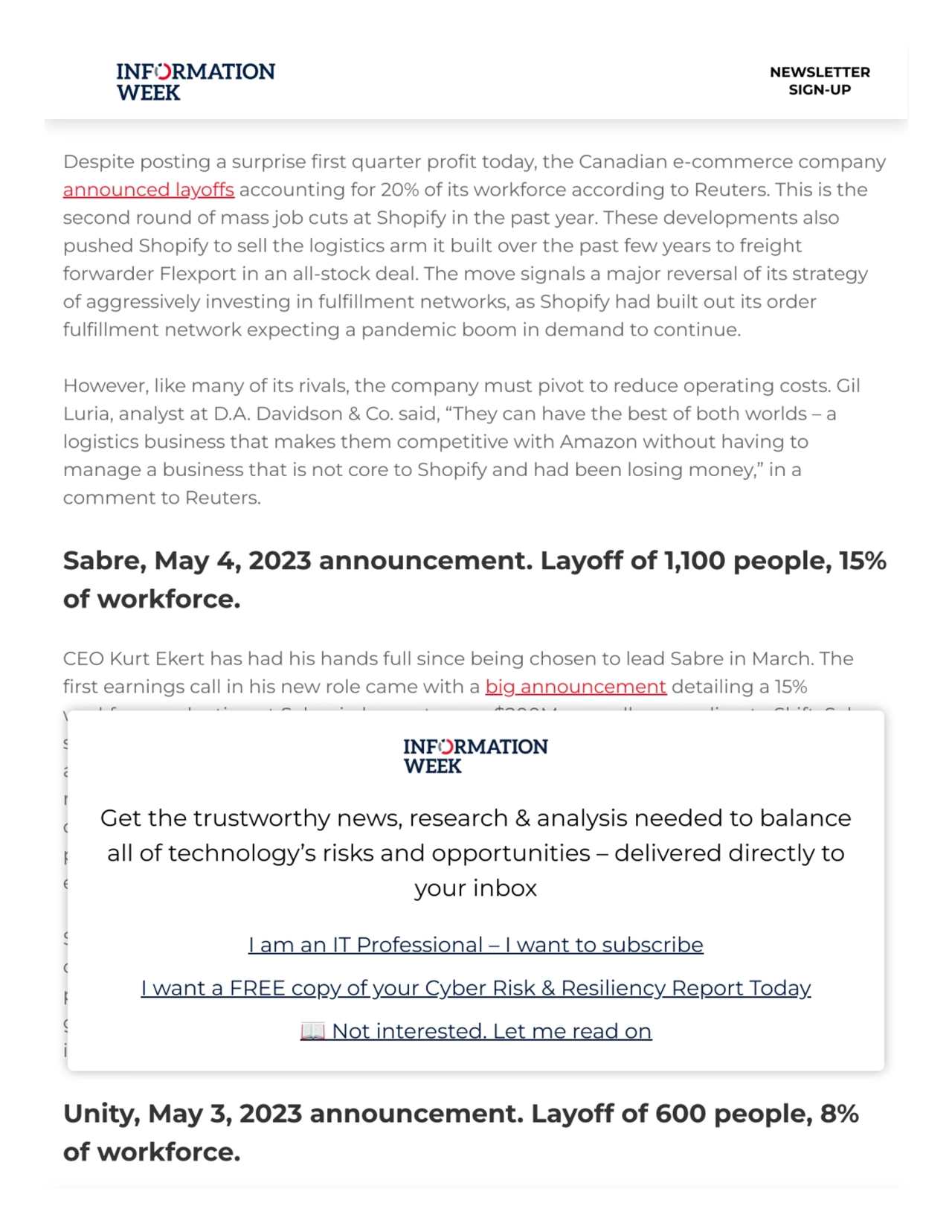 Shopify, May 4, 2023 announcement. Layoff of 2,300 people,
20% of workforce.
Despite posting a su…