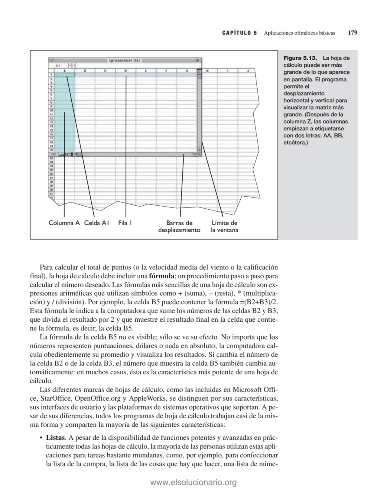 Figura 5.13. La hoja de
cálculo puede ser más
grande de lo que aparece
en pantalla. El programa
…