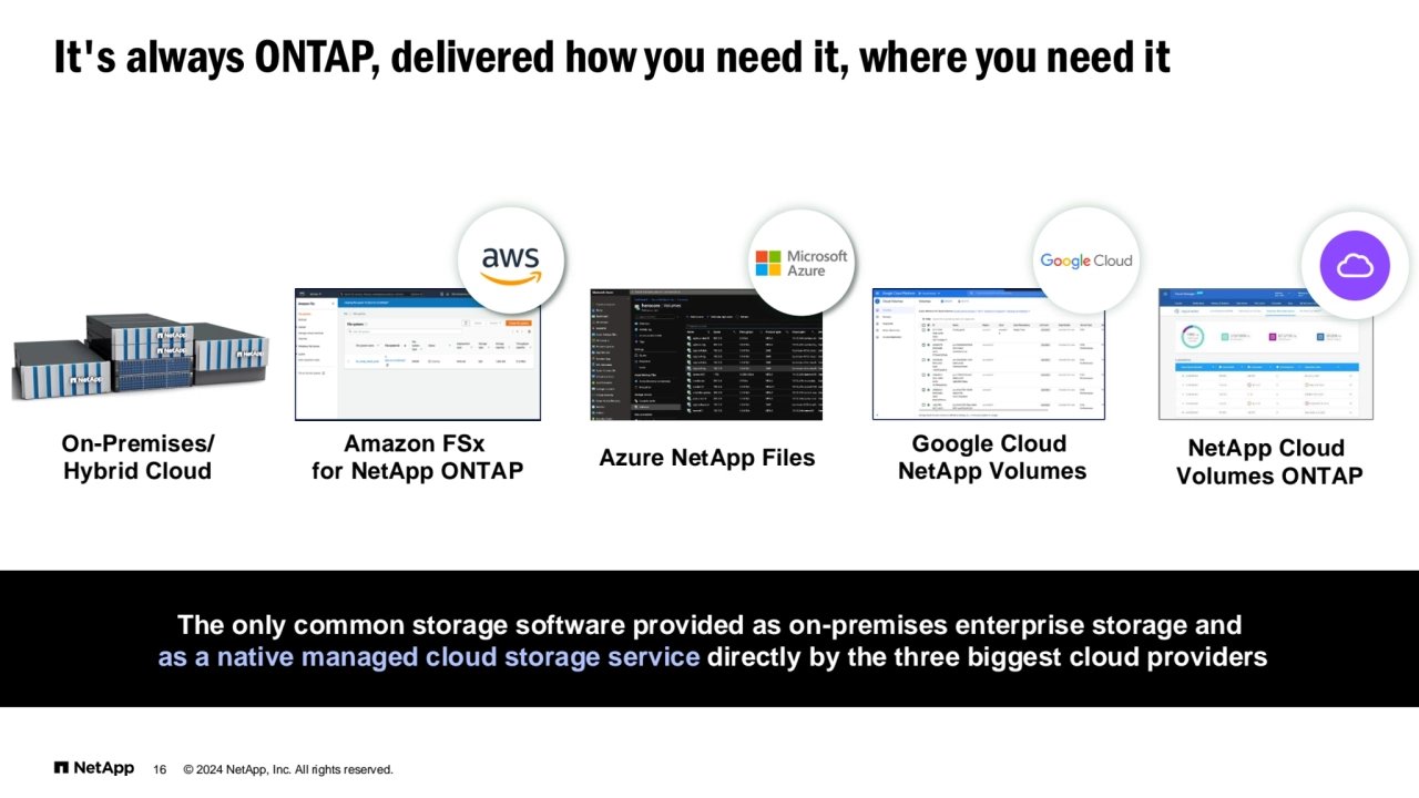16 © 2024 NetApp, Inc. All rights reserved.
It's always ONTAP, delivered how you need it, where you need it
Azure NetApp Files Google Cloud
NetApp Volumes
Amazon FSx
for NetApp ONTAP
The only common storage software provided as on-premises enterprise storage and
as a native managed cloud storage service directly by the three biggest cloud providers
On-Premises/
Hybrid Cloud
NetApp Cloud 
Volumes ONTAP