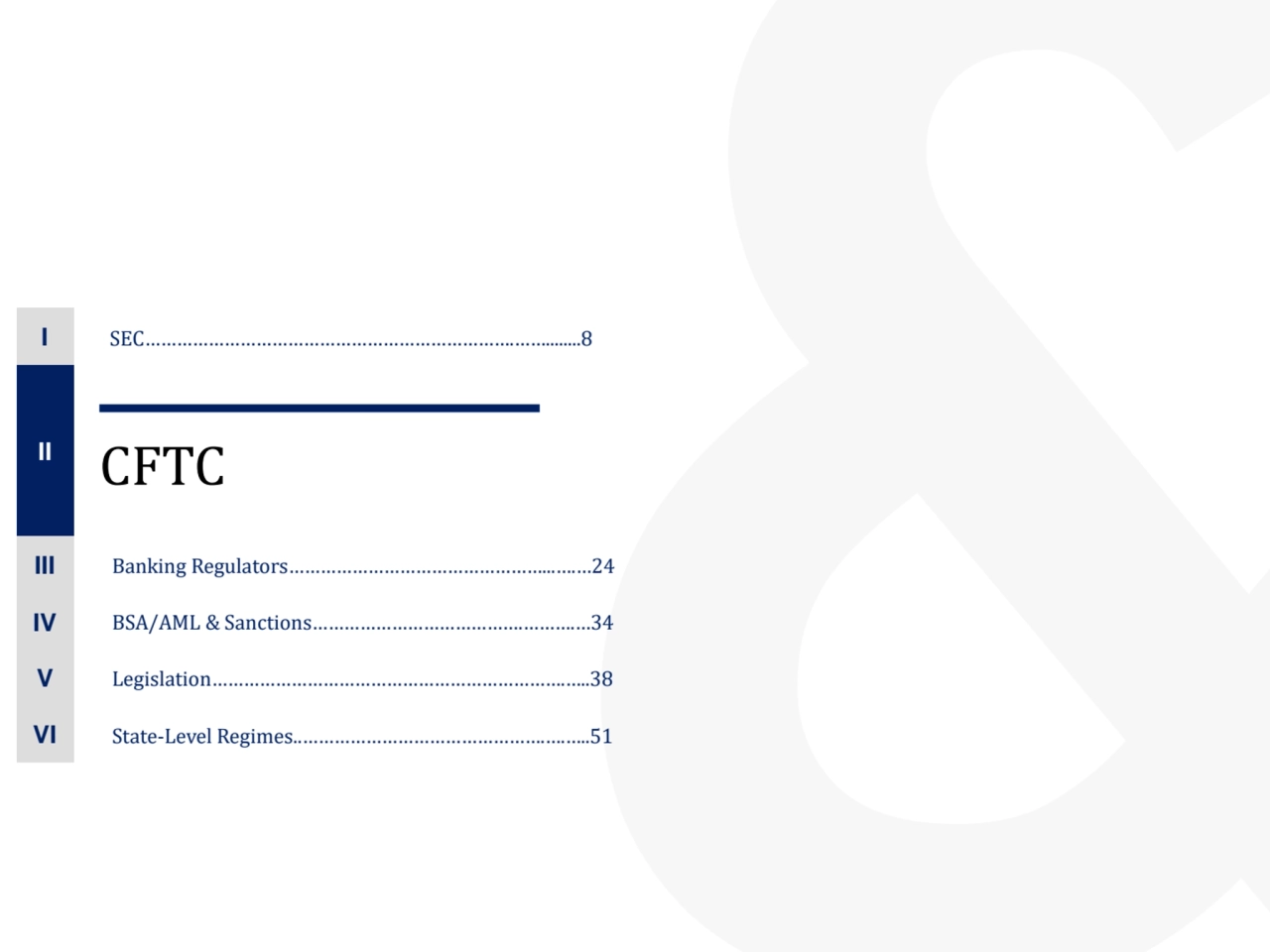 CFTC II
III
IV
Banking Regulators…………………………………………...….…24
Legislation………………………………………………………….…..…