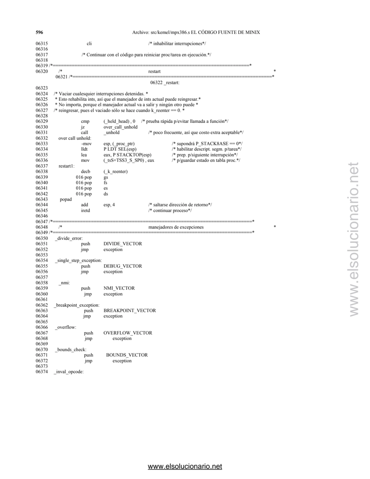 596 Archivo: src/kemel/mpx386.s EL CÓDIGO FUENTE DE MINIX 
06315 cli /* inhabilitar interrupciones…