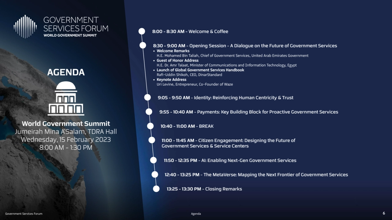 Government Services Forum Agenda 6
AGENDA
World Government Summit
Jumeirah Mina A’Salam, TDRA Ha…