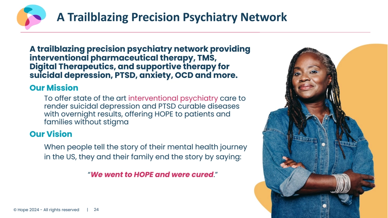 A Trailblazing Precision Psychiatry Network
A trailblazing precision psychiatry network providing
interventional pharmaceutical therapy, TMS, 
Digital Therapeutics, and supportive therapy for 
suicidal depression, PTSD, anxiety, OCD and more.
Our Mission
To offer state of the art interventional psychiatry care to
render suicidal depression and PTSD curable diseases
with overnight results, offering HOPE to patients and 
families without stigma
Our Vision
When people tell the story of their mental health journey
in the US, they and their family end the story by saying: 
“We went to HOPE and were cured.”
© Hope 2024 - All rights reserved | 24 24