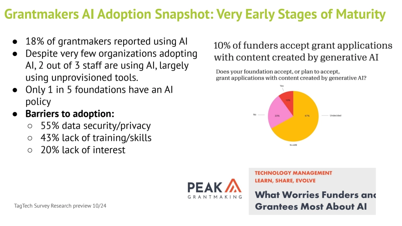 Grantmakers AI Adoption Snapshot: Very Early Stages of Maturity
● 18% of grantmakers reported usin…