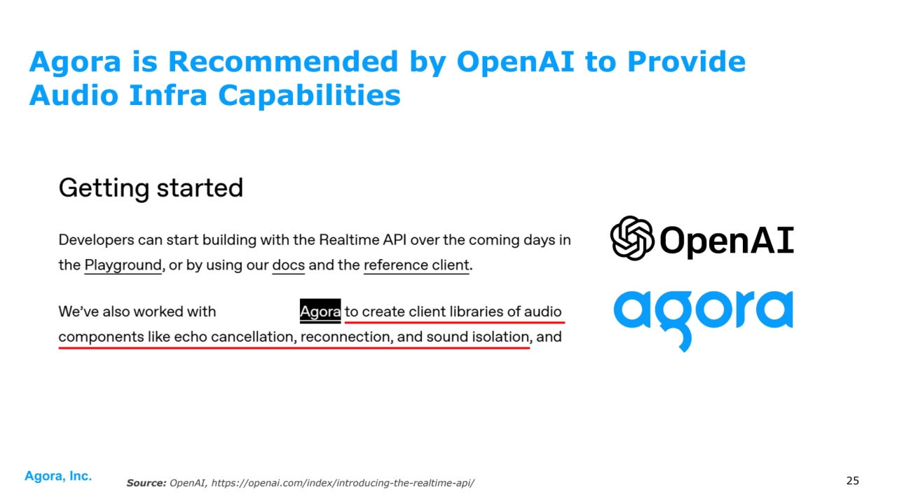 Agora, Inc. 25
Agora is Recommended by OpenAI to Provide
Audio Infra Capabilities
Source: OpenAI, https://openai.com/index/introducing-the-realtime-api/