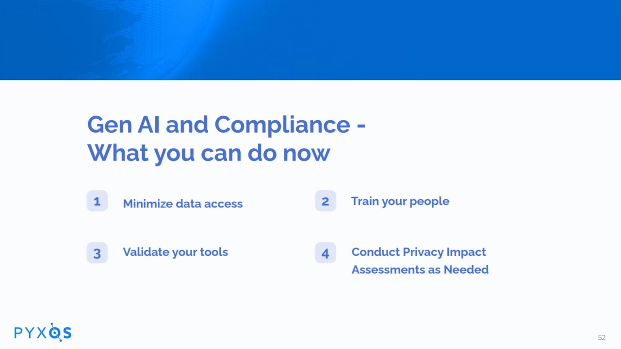 Gen AI and Compliance -
What you can do now
Minimize data access
Validate your tools Conduct Pr…