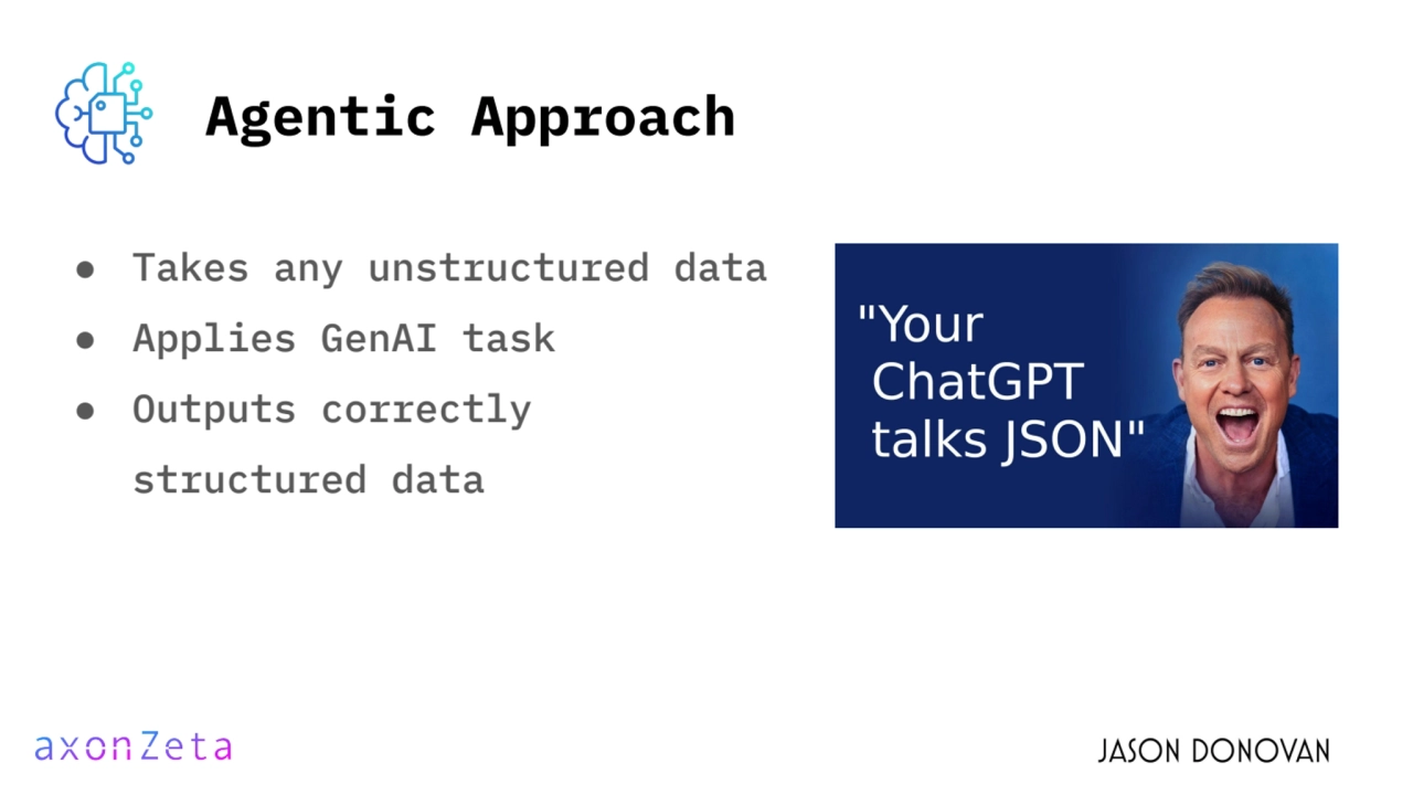 Agentic Approach
● Takes any unstructured data
● Applies GenAI task
● Outputs correctly 
struct…