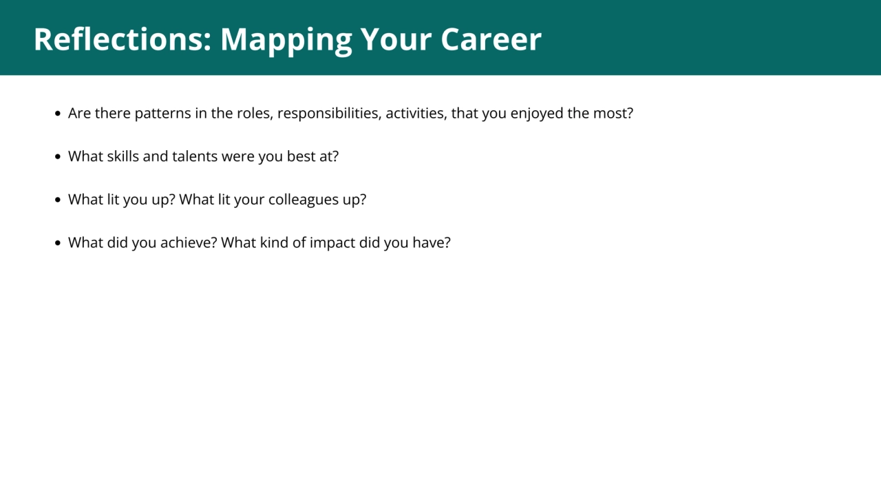 1
Reflections: Mapping Your Career
Are there patterns in the roles, responsibilities, activities,…