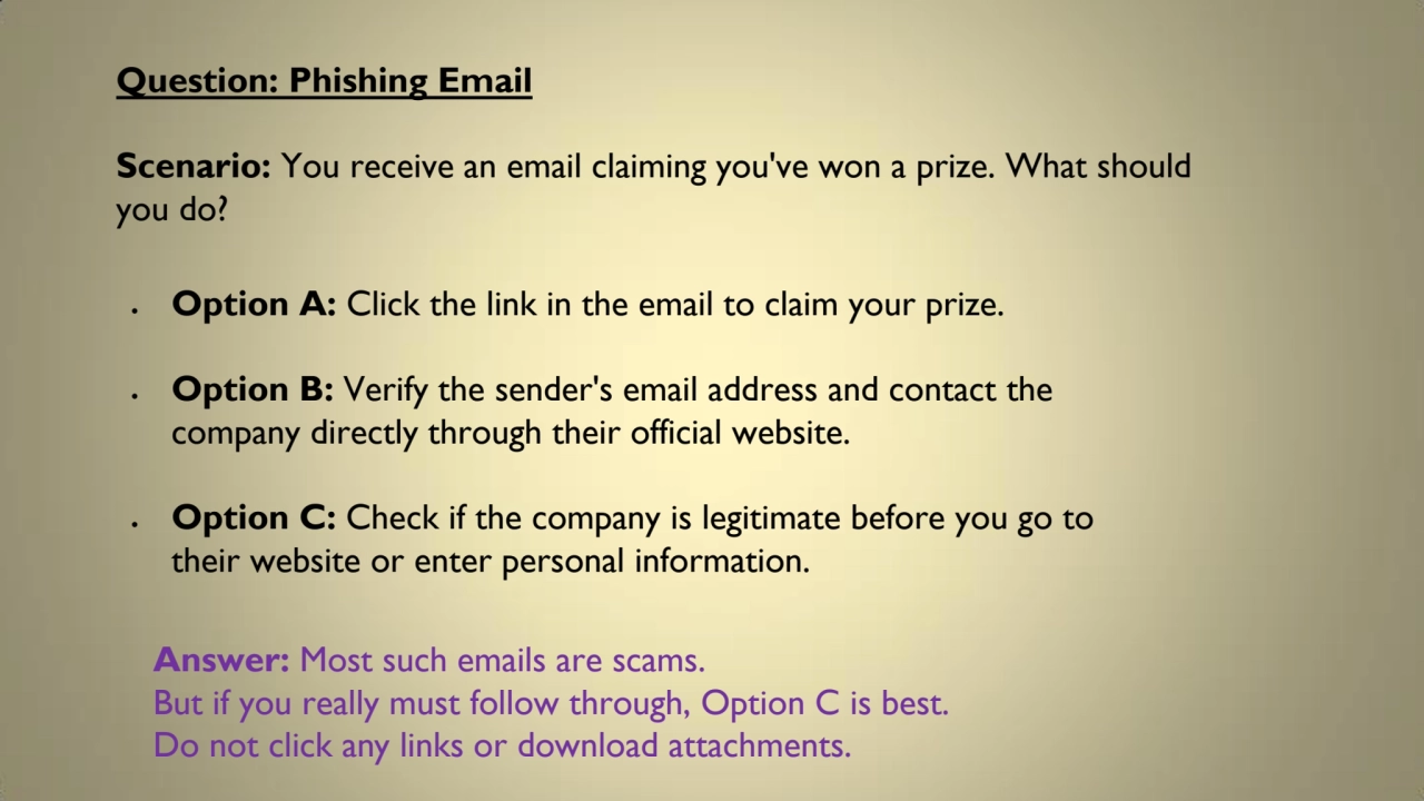 Question: Phishing Email
Scenario: You receive an email claiming you've won a prize. What should 
…