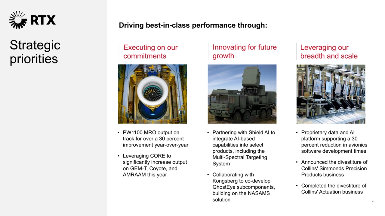 Strategic 
priorities
Executing on our 
commitments
• PW1100 MRO output on 
track for over a 30 percent 
improvement year-over-year
• Leveraging CORE to 
significantly increase output 
on GEM-T, Coyote, and 
AMRAAM this year
Innovating for future 
growth
• Partnering with Shield AI to 
integrate AI-based 
capabilities into select 
products, including the 
Multi-Spectral Targeting 
System
• Collaborating with 
Kongsberg to co-develop 
GhostEye subcomponents, 
building on the NASAMS 
solution
Leveraging our 
breadth and scale
• Proprietary data and AI 
platform supporting a 30 
percent reduction in avionics 
software development times
• Announced the divestiture of 
Collins' Simmonds Precision 
Products business
• Completed the divestiture of 
Collins' Actuation business
4
Driving best-in-class performance through:
