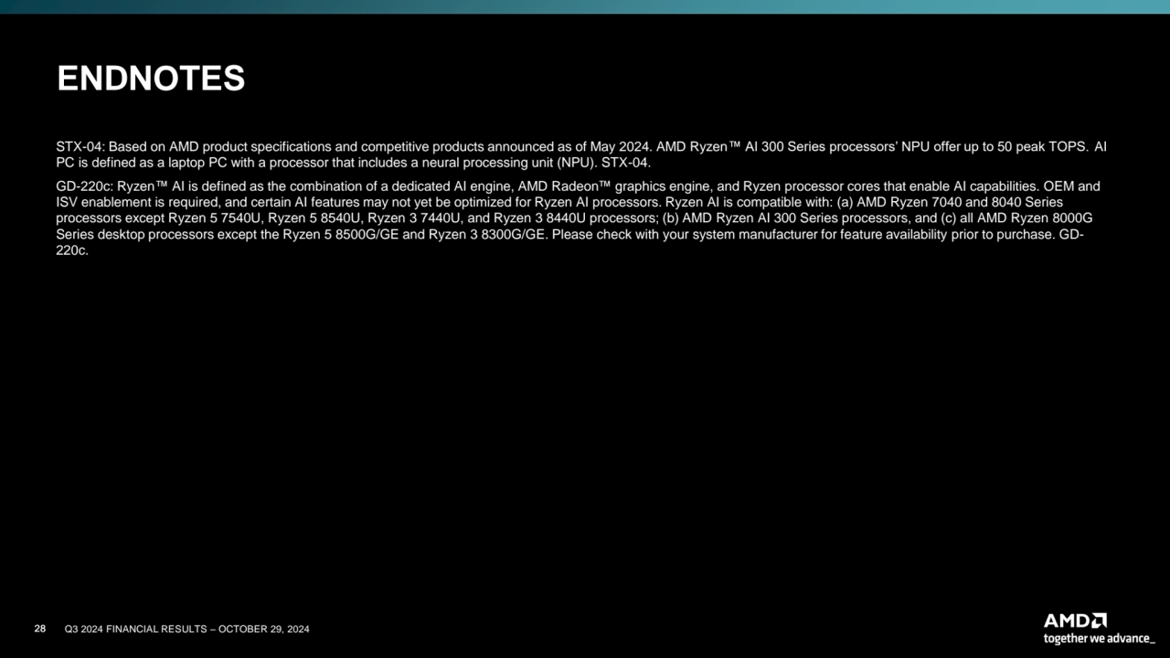 28 Q3 2024 FINANCIAL RESULTS – OCTOBER 29, 2024
ENDNOTES
STX-04: Based on AMD product specificati…