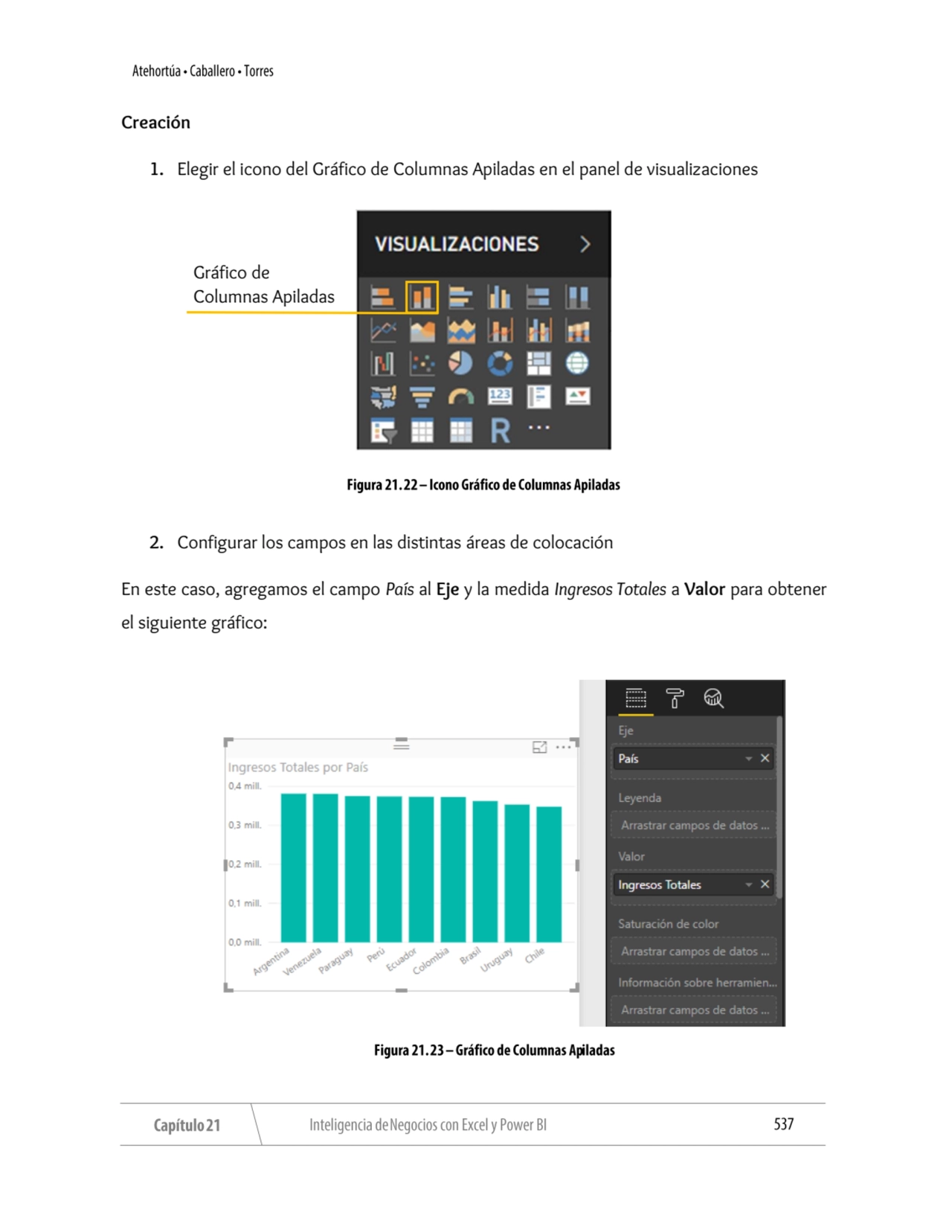 Creación
1. Elegir el icono del Gráfico de Columnas Apiladas en el panel de visualizaciones
2. Co…