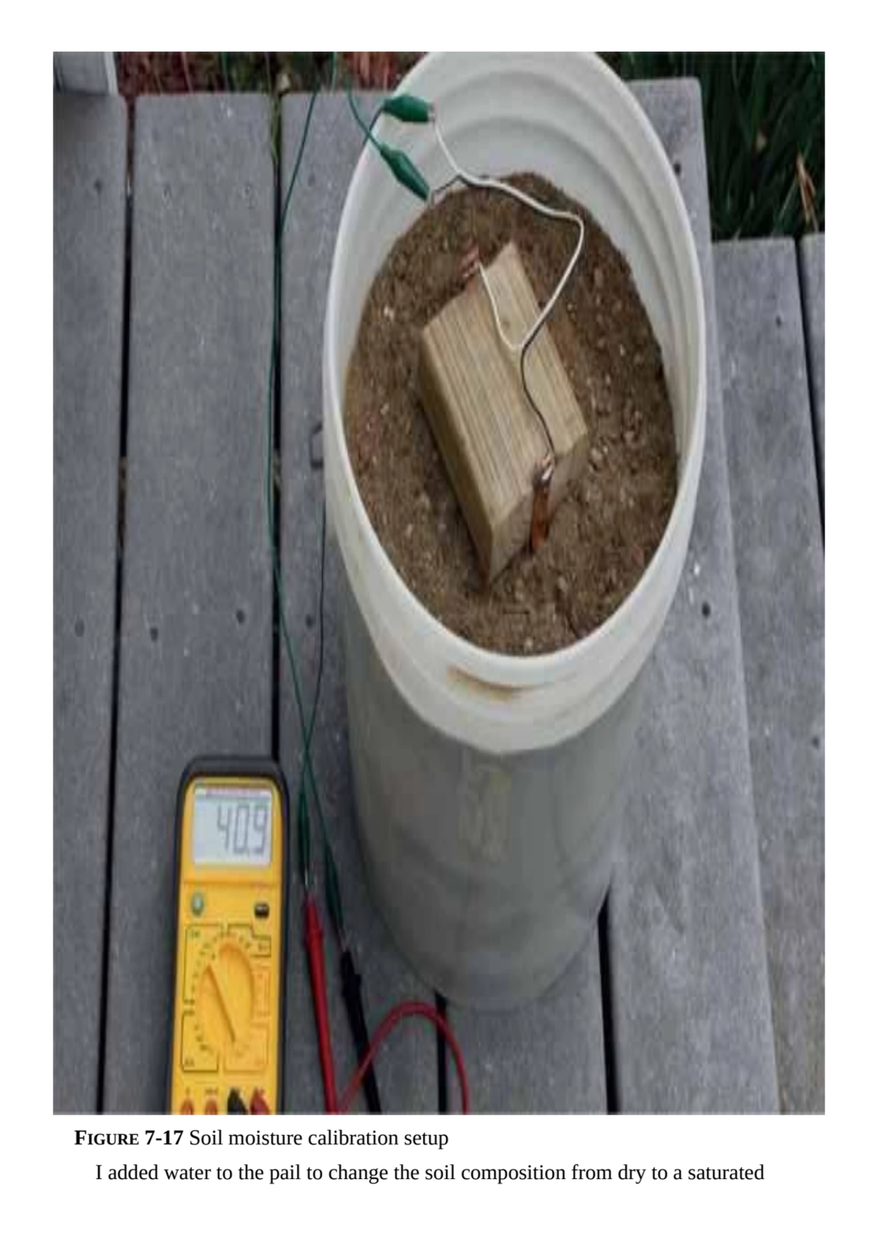 FIGURE 7-17 Soil moisture calibration setup
I added water to the pail to change the soil compositi…